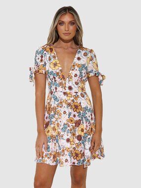 Lost in Lunar Pink Yellow Retro Floral Mini Dress Deep V-Neck Size Small